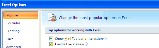 In the left pane, click Popular. Click Enable Live Preview. Click OK.