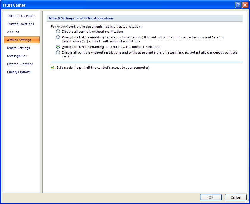 In the left pane, click ActiveX Settings. Select the Safe Mode.