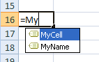 Type =My in A2 to display the Formula AutoComplete drop-down list.