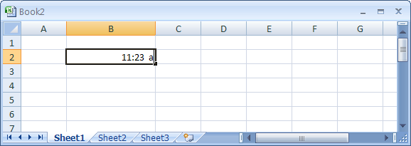 Type the hour based on a 12-hour clock, followed by a colon (:), then the minute, then a space, and ending with an 'a' or a 'p' to denote A.M. or P.M. Press Enter.