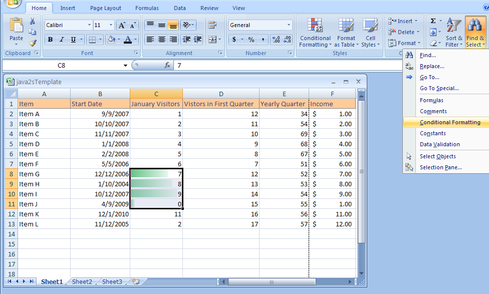 Click the Home tab. Click the Find & Select button arrow. Then click Conditional Formatting.