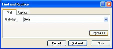 Enter the word or words you want to find. Click Options to display formatting options.