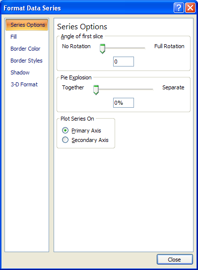 Series Options to change the gap width and depth for 3-D charts, or series overlap for 2-D charts.