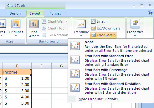 Click Error Bars to hide/show error bars with using Standard Error, Percentage, or Standard Deviation.