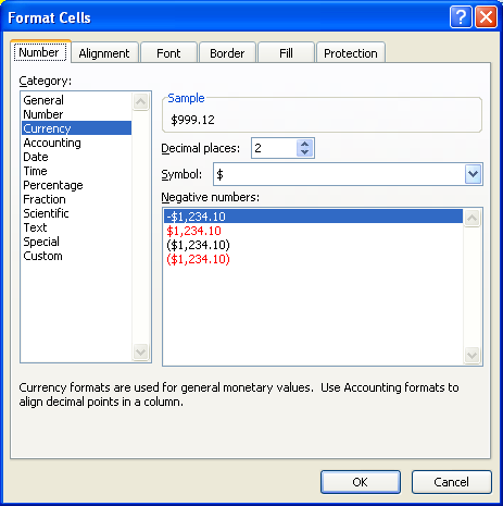 In the Format Cells dialog box, click the Number tab. Click Currency in the Category list.