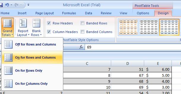 Select Grand Totals to turn on or off grand totals for columns or rows.