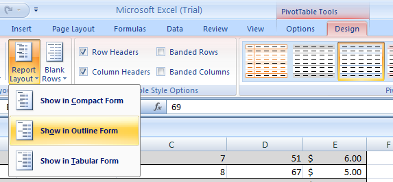 Select Report Layout to set to compact, outline, or tabular form.