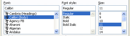 Select the font, font style, and font size. Select or clear the effects: Strikethrough, Superscript, and Subscript.