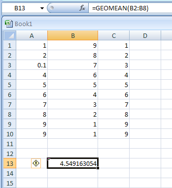 Input the formula: =GEOMEAN(B2:B8)