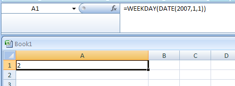 Input the formula: =WEEKDAY(DATE(2007,1,1))