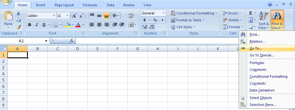 Click the Home tab. Click the Find & Select button. Click Go To.