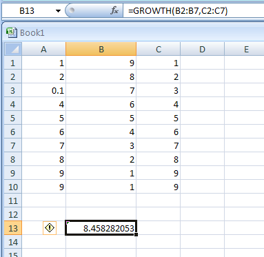 Input the formula: =GROWTH(B2:B7,C2:C7)