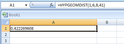 Input the formula: =HYPGEOMDIST(1,6,8,41)