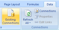 Click the Data tab. Click the Existing Connections button.