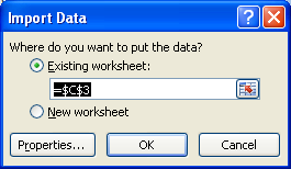 Click the Existing worksheet option and specify a cell location.