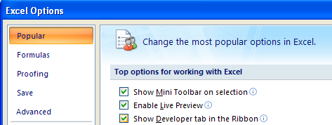 In the left pane, click Popular. Select the Show Developer tab in the Ribbon.