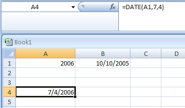 Input the formula: =DATE(A1,7,4)