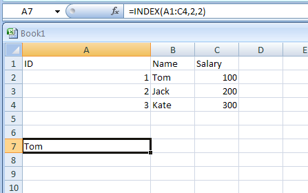 Input the formula: =INDEX(A1:C4,2,2)