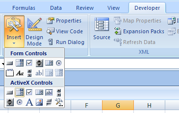 Click the Insert button arrow, and then click the ActiveX control.