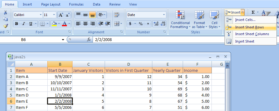 Click the Home tab. Click the Insert Cells button. Then click Insert Sheet Columns or Insert Sheet Rows.