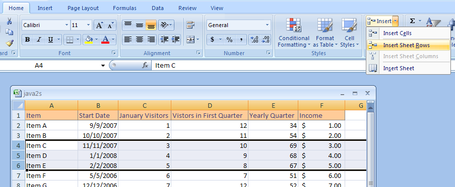 Click the Home tab. Click the Insert Cells button. Then click Insert Sheet Columns or Insert Sheet Rows.