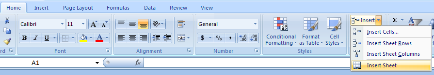 Or click the Home tab. Click the Insert Cells button. Then click Insert Sheet.