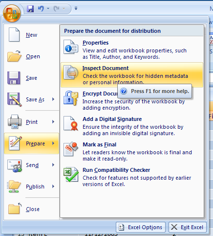 Click the Office button, point to Prepare, and then click Inspect Document.