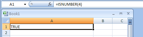 Input the formula: =ISNUMBER(4)