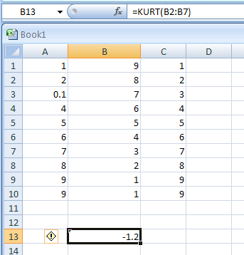 KURT(number1,number2,...) returns the kurtosis of a data set