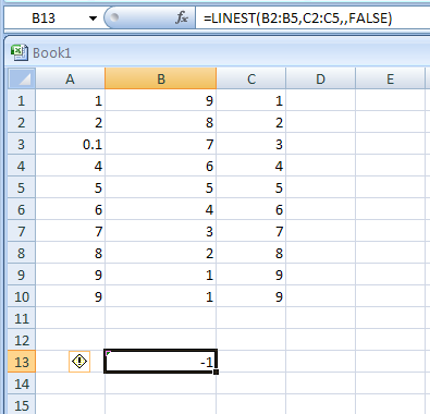 Input the formula: =LINEST(B2:B5,C2:C5,,FALSE)