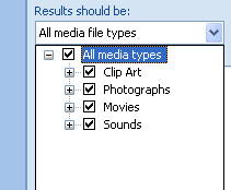 To search a specific type of media file, click the Results Should Be, and then select the types of clips.