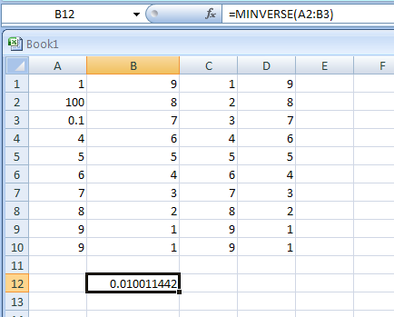 MINVERSE(array) returns the matrix inverse of an array