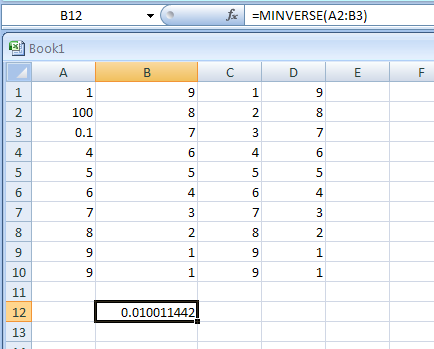 =MINVERSE(A2:B3)