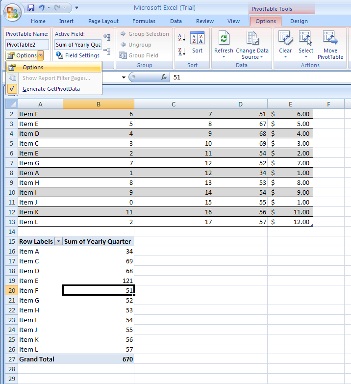 To change PivotTable options, click the Options button