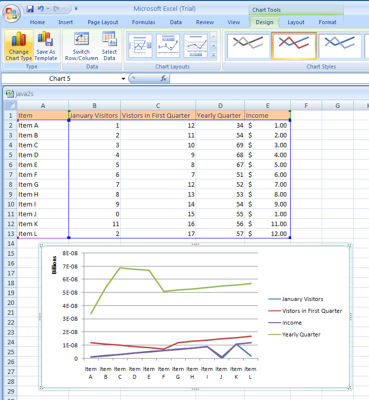 Select a chart. Click the Design tab under Chart Tools. Click the Change Chart Type button.