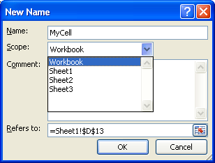 Type a name for the reference. Click the Scope list arrow. Then click Workbook or a specific worksheet.