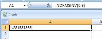 Input the formula: =NORMSINV(0.9)