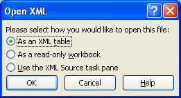 Click the As an XML table, As a read-only workbook, or Use The XML Source task pane option, and then click OK.