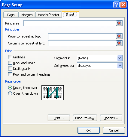 The Page Setup dialog box displays the Sheet tab.