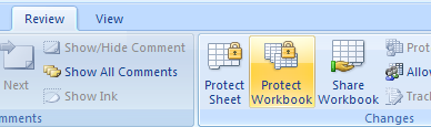 Click the Review tab, click the Protect Workbook button