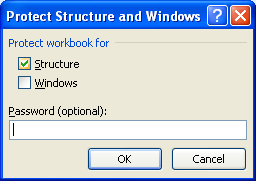 Select the Structure check box to prevent users from viewing, copying, moving, or inserting worksheets.