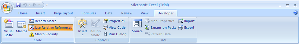 To record a macro with actions relative to the initially selected cell, click the Use Relative References button.