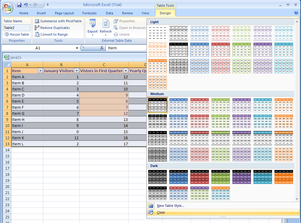 Click a cell in the table. Click the Design tab under Table Tools. Click the More arrow under Table Styles. Then click Clear.