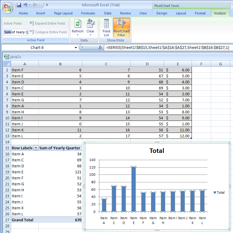 Click the PivotChart report. Click the Analyze tab, click the Active Field Name box, type a new name and then press Enter.