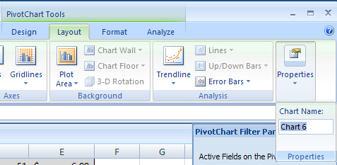 Click the PivotChart. Click the Layout tab. Click the PivotChart Name box, type a new name and then press Enter.