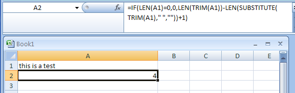 =IF(LEN(A1)=0,0,LEN(TRIM(A1))-LEN(SUBSTITUTE(TRIM(A1)