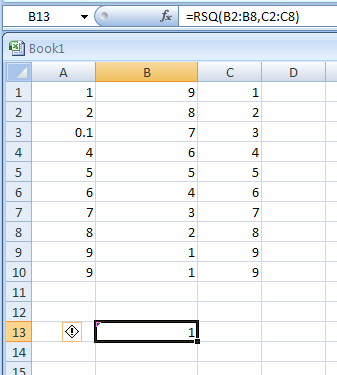 Input the formula: =RSQ(B2:B8,C2:C8)