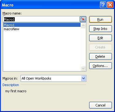 Click the macro you want to run. Click Run.