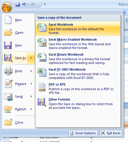 Excel: Save a Workbook for Excel 2007