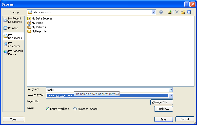 Type the name for the Web page. Click the Entire Workbook or Selection: Sheet option.